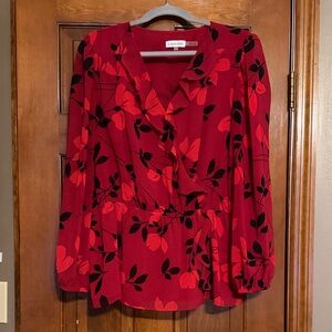 Calvin Klein Red and Black Floral Wrap Peplum Blouse
